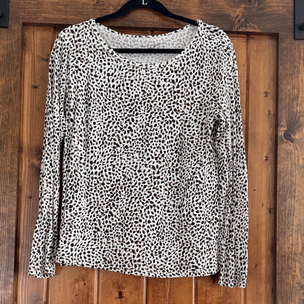 LOFT Long-Sleeve Leopard Print Tee in Cream and Brown Spots